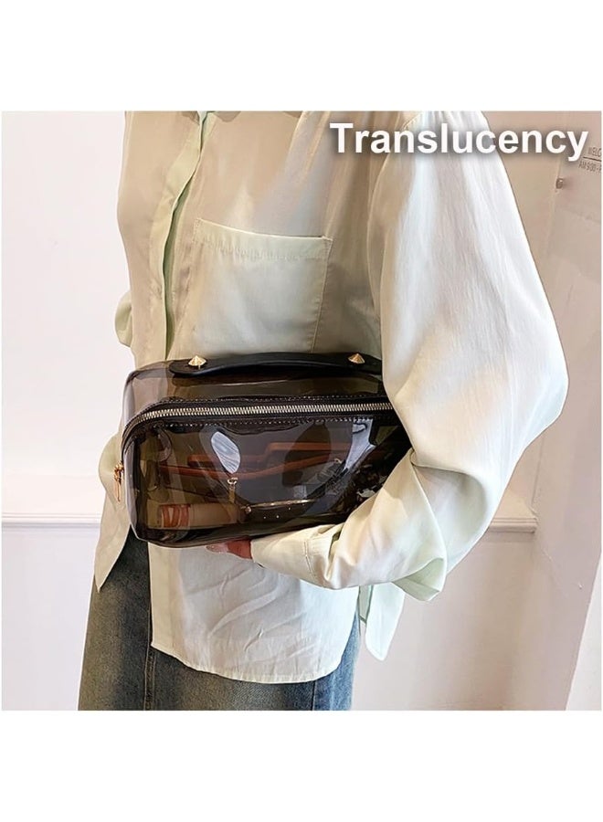 تظهر الصورة حقيبة مكياج ومنظم مستحضرات تجميل بتصميم عصري وعملي لون بنى شفاف - Image 5